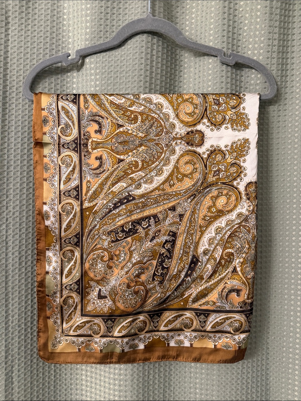Paisley Satin Scarf in Mustard, Cream & Brown - Elegant Women’s Wrap